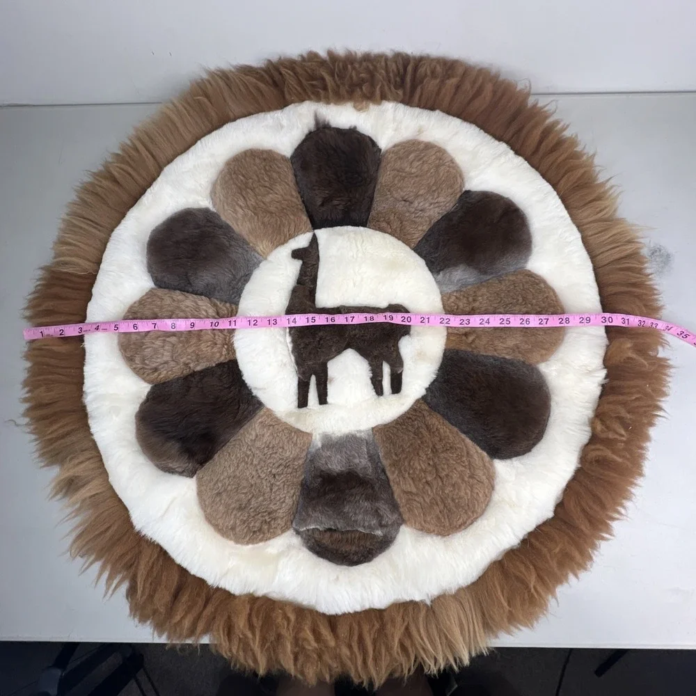 Vintage Alpaca Llama Fur Peruvian Round Handmade Hide Stitched Rug Wall Art  31